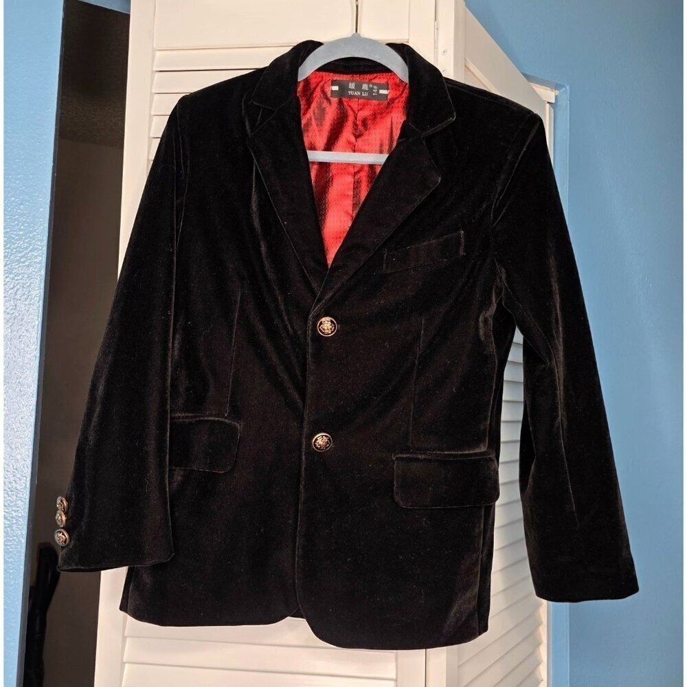 Black Velvet Blazer Jacket With Red Lining & Gold Button Details By Yuan Lu‎
